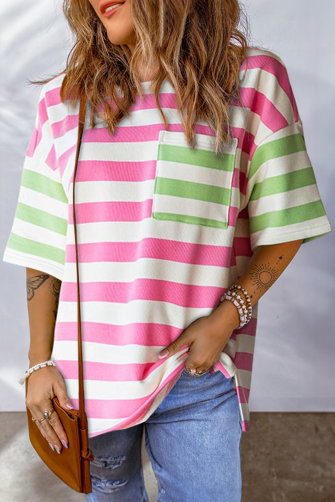 Striped Round Neck Half Sleeve T-Shirt-Timber Brooke Boutique, Online Women's Fashion Boutique in Amarillo, Texas