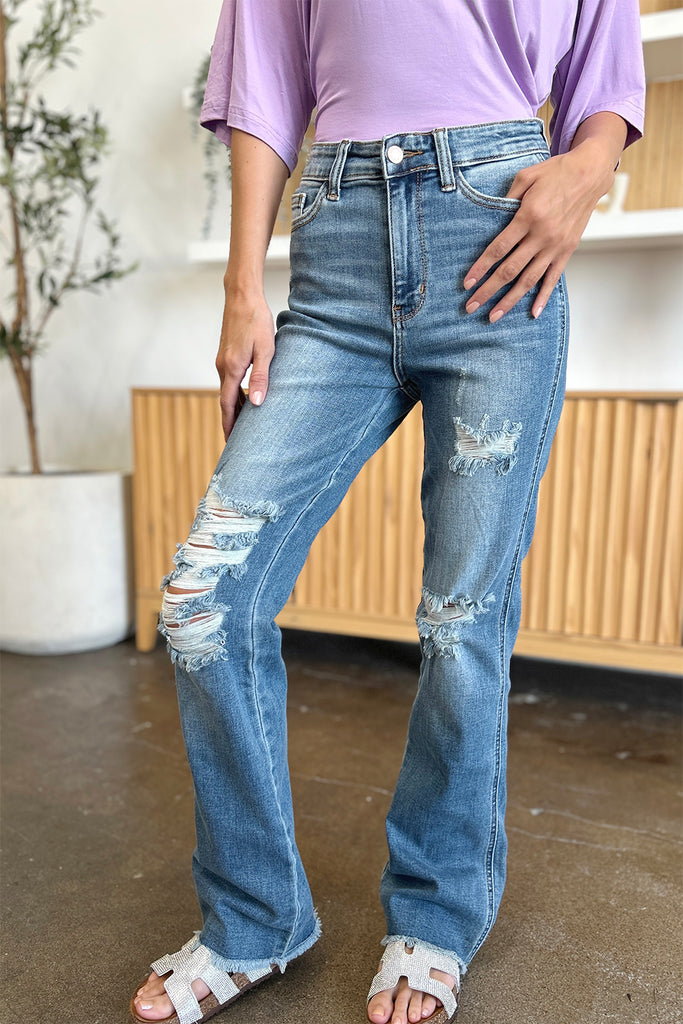 Judy Blue Full Size Distressed Raw Hem Bootcut Jeans-Timber Brooke Boutique, Online Women's Fashion Boutique in Amarillo, Texas