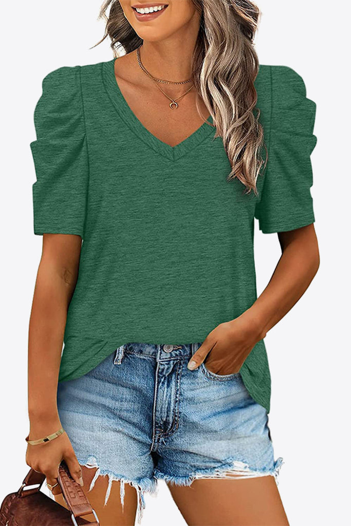 V-Neck Puff Sleeve Tee-Timber Brooke Boutique, Online Women's Fashion Boutique in Amarillo, Texas