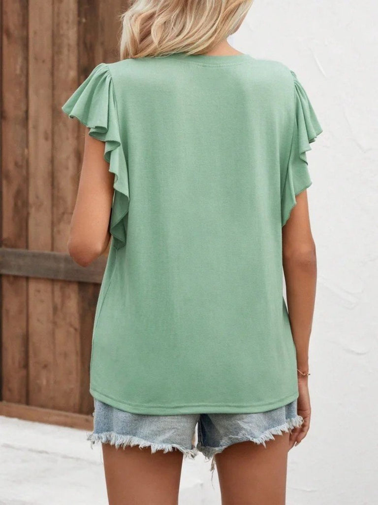 Full Size Ruffled Notched Cap Sleeve T-Shirt-Timber Brooke Boutique, Online Women's Fashion Boutique in Amarillo, Texas