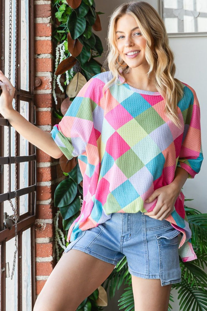 HOPELY Color Block Waffle Oversized T-Shirt-Timber Brooke Boutique, Online Women's Fashion Boutique in Amarillo, Texas