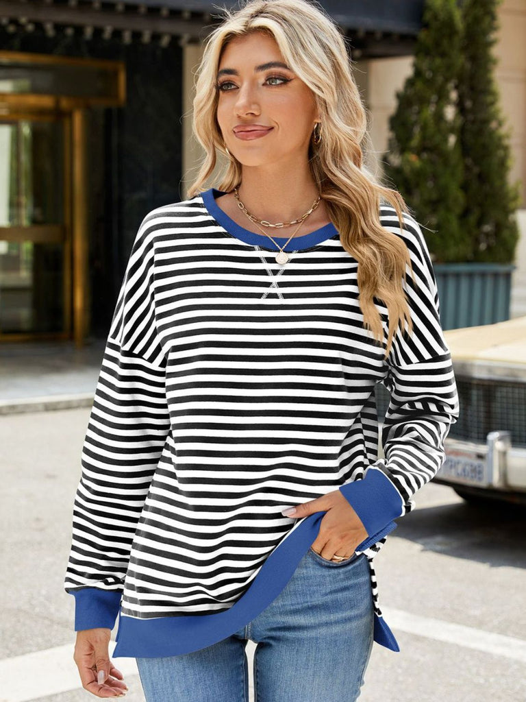 Slit Striped Round Neck Long Sleeve Sweatshirt-Timber Brooke Boutique, Online Women's Fashion Boutique in Amarillo, Texas