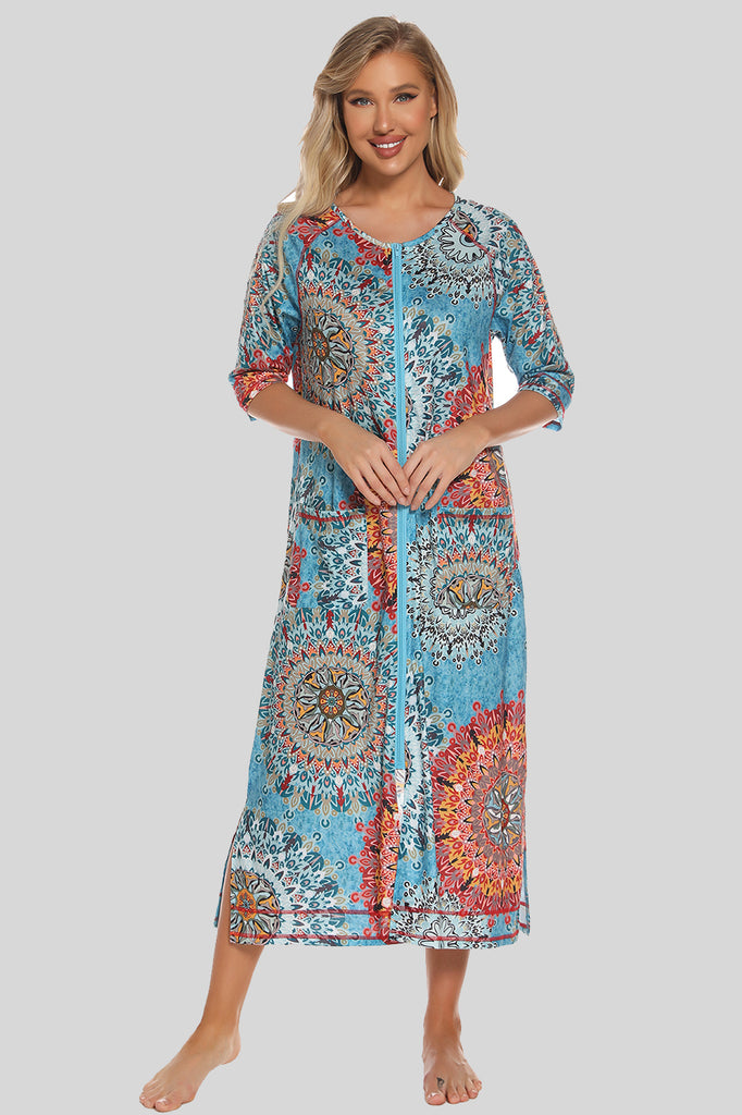 Printed Slit Night Dress with Pockets-Timber Brooke Boutique, Online Women's Fashion Boutique in Amarillo, Texas