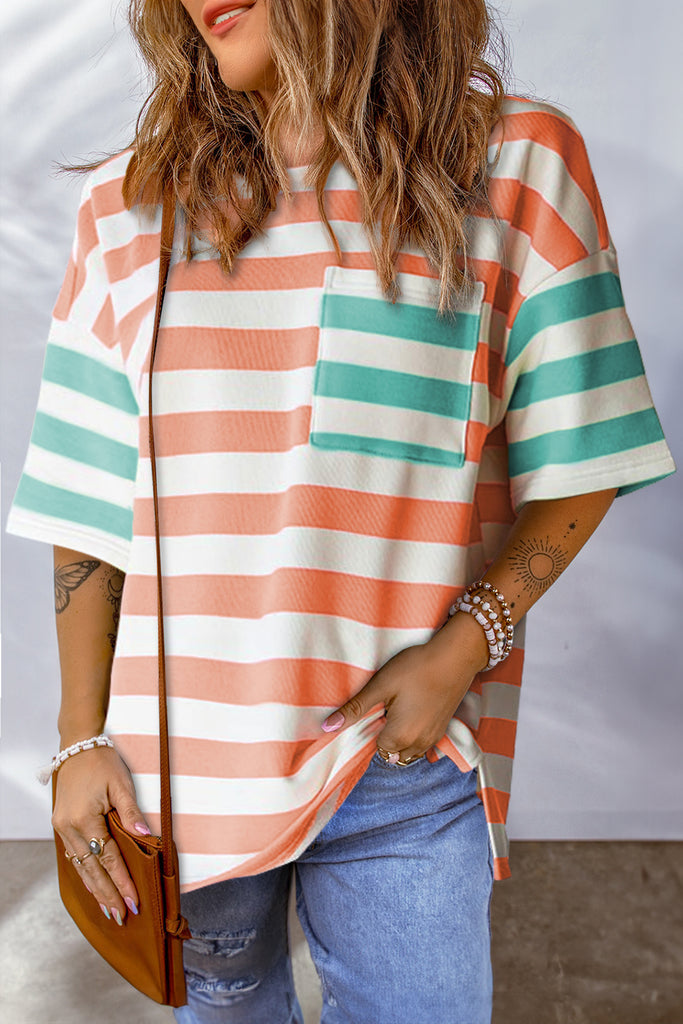 Striped Round Neck Half Sleeve T-Shirt-Timber Brooke Boutique, Online Women's Fashion Boutique in Amarillo, Texas