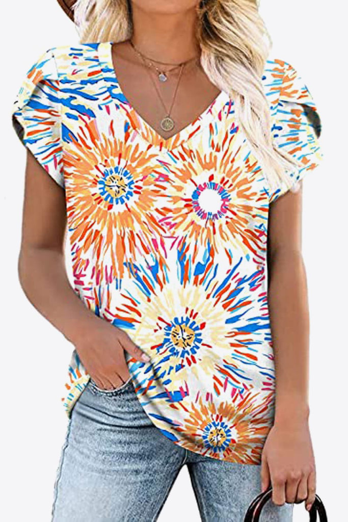 Printed Petal Sleeve V-Neck Blouse-Timber Brooke Boutique, Online Women's Fashion Boutique in Amarillo, Texas