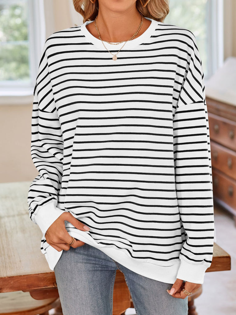 Striped Round Neck Long Sleeve Sweatshirt-Timber Brooke Boutique, Online Women's Fashion Boutique in Amarillo, Texas