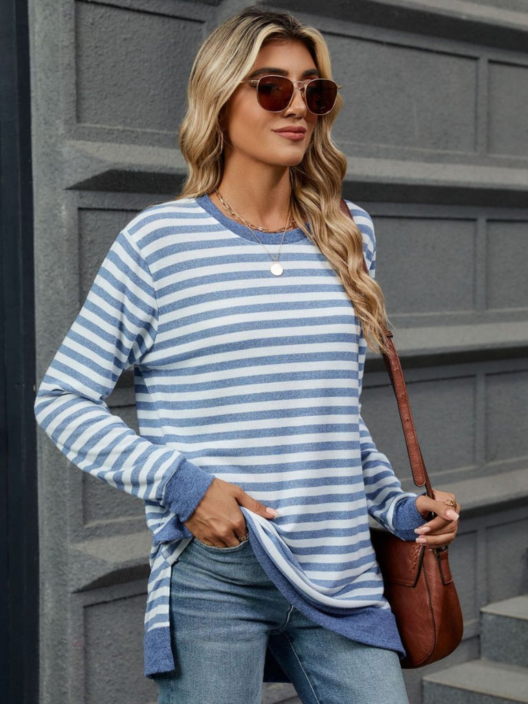 Striped Round Neck Long Sleeve T-Shirt-Timber Brooke Boutique, Online Women's Fashion Boutique in Amarillo, Texas