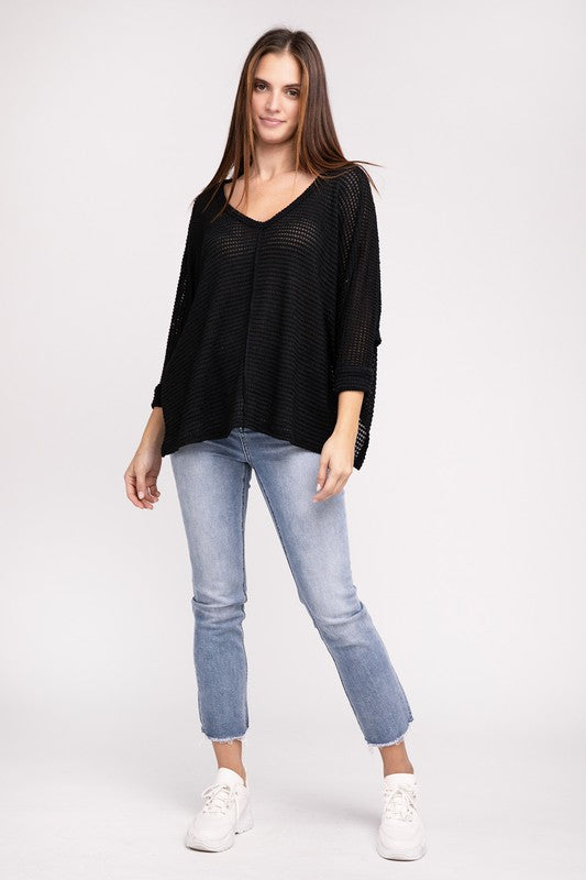 3/4 Sleeve V-Neck Hi-Low Hem Jacquard Sweater-Timber Brooke Boutique, Online Women's Fashion Boutique in Amarillo, Texas