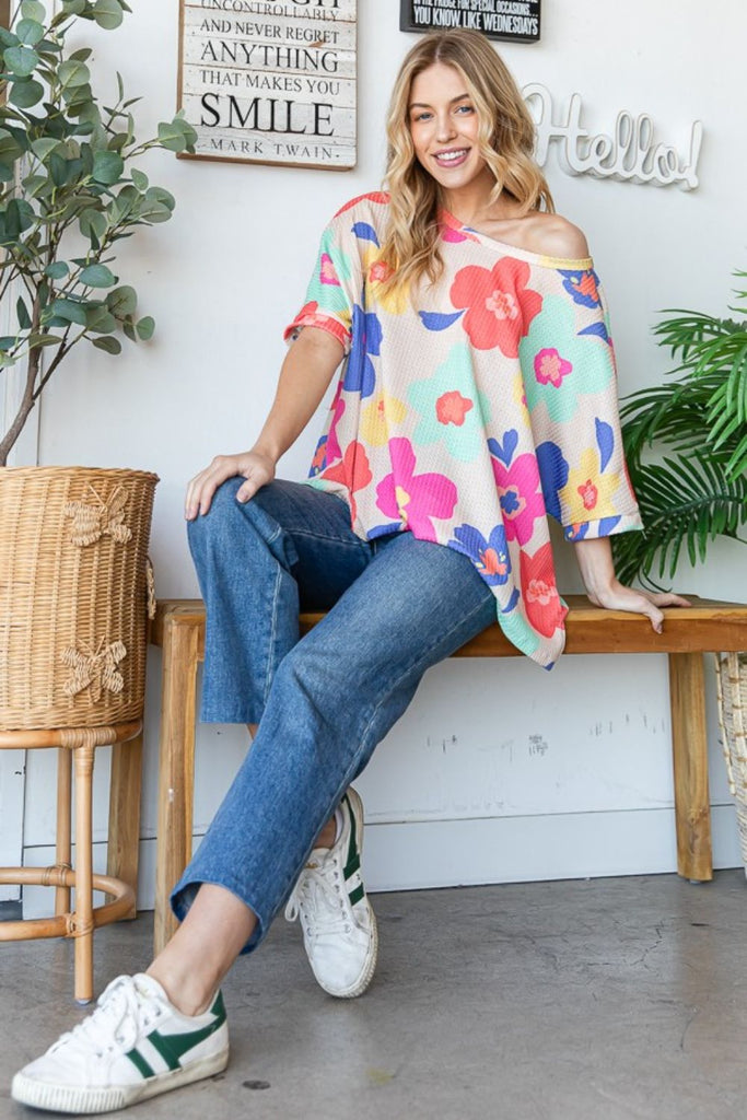 HOPELY Floral Waffle Oversize T-Shirt-Timber Brooke Boutique, Online Women's Fashion Boutique in Amarillo, Texas