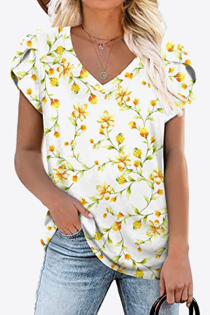 Printed Petal Sleeve V-Neck Blouse-Timber Brooke Boutique, Online Women's Fashion Boutique in Amarillo, Texas