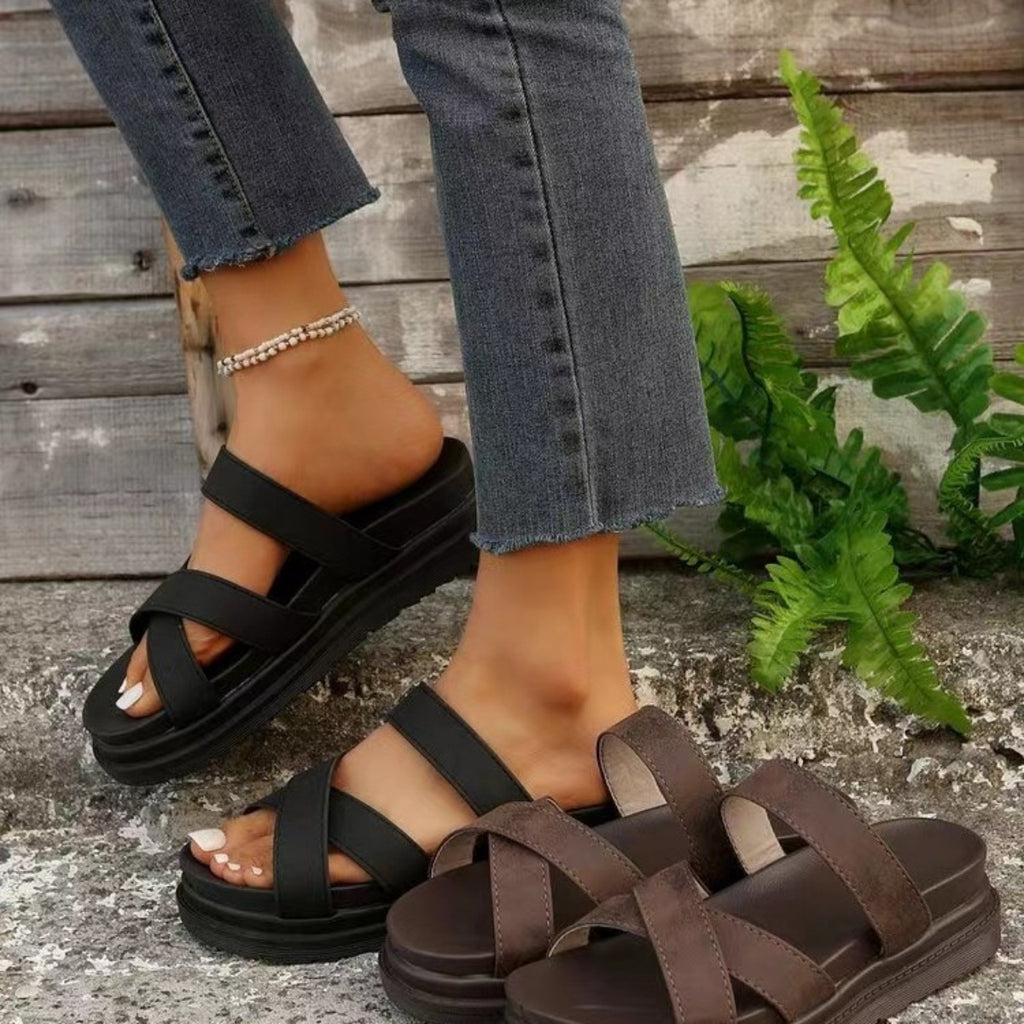 Crisscross PU Leather Flat Sandals-Timber Brooke Boutique, Online Women's Fashion Boutique in Amarillo, Texas