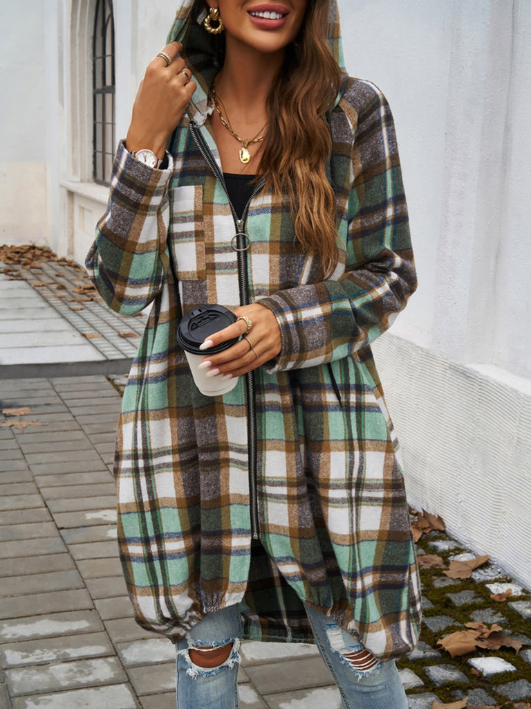 Plaid Zip Up Hooded Coat-Timber Brooke Boutique, Online Women's Fashion Boutique in Amarillo, Texas