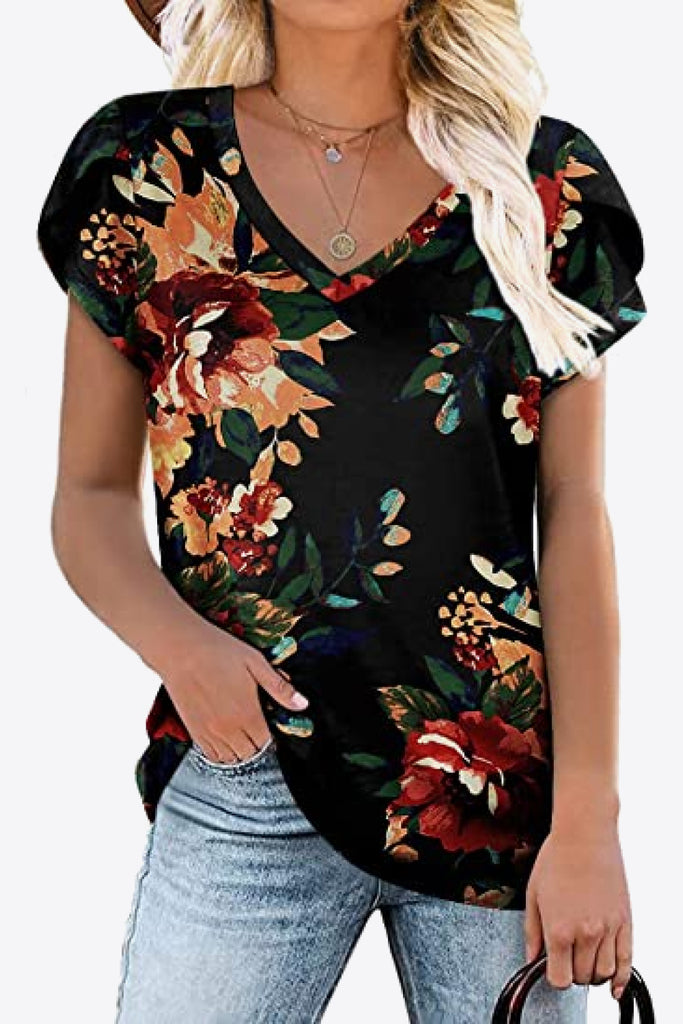 Printed Petal Sleeve V-Neck Blouse-Timber Brooke Boutique, Online Women's Fashion Boutique in Amarillo, Texas