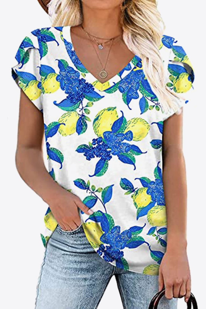 Printed Petal Sleeve V-Neck Blouse-Timber Brooke Boutique, Online Women's Fashion Boutique in Amarillo, Texas