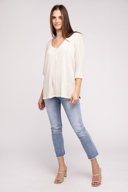 3/4 Sleeve V-Neck Hi-Low Hem Jacquard Sweater-Timber Brooke Boutique, Online Women's Fashion Boutique in Amarillo, Texas