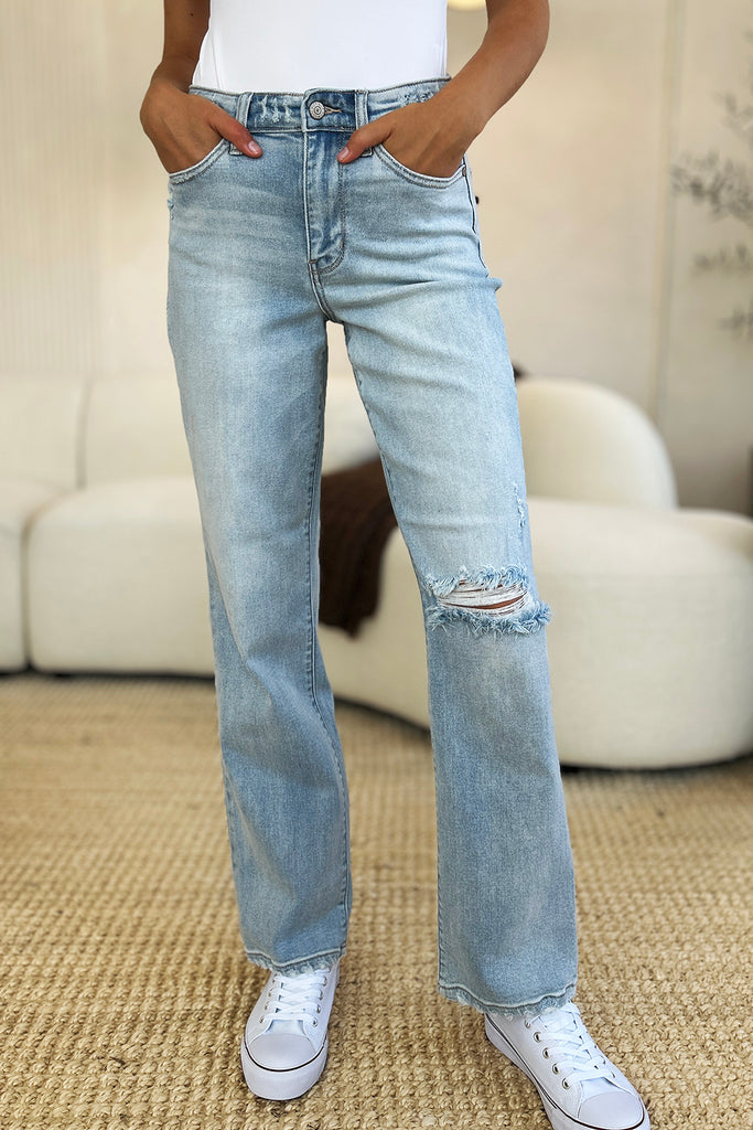 Judy Blue Full Size High Waist Distressed Straight Jeans-Timber Brooke Boutique, Online Women's Fashion Boutique in Amarillo, Texas