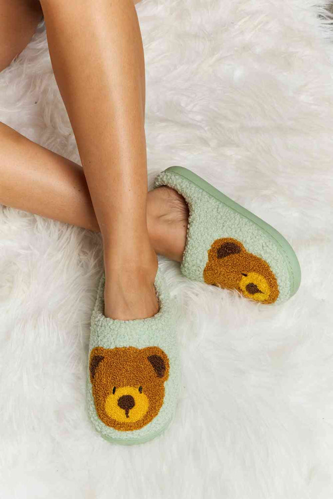 Melody Teddy Bear Print Plush Slide Slippers-Timber Brooke Boutique, Online Women's Fashion Boutique in Amarillo, Texas