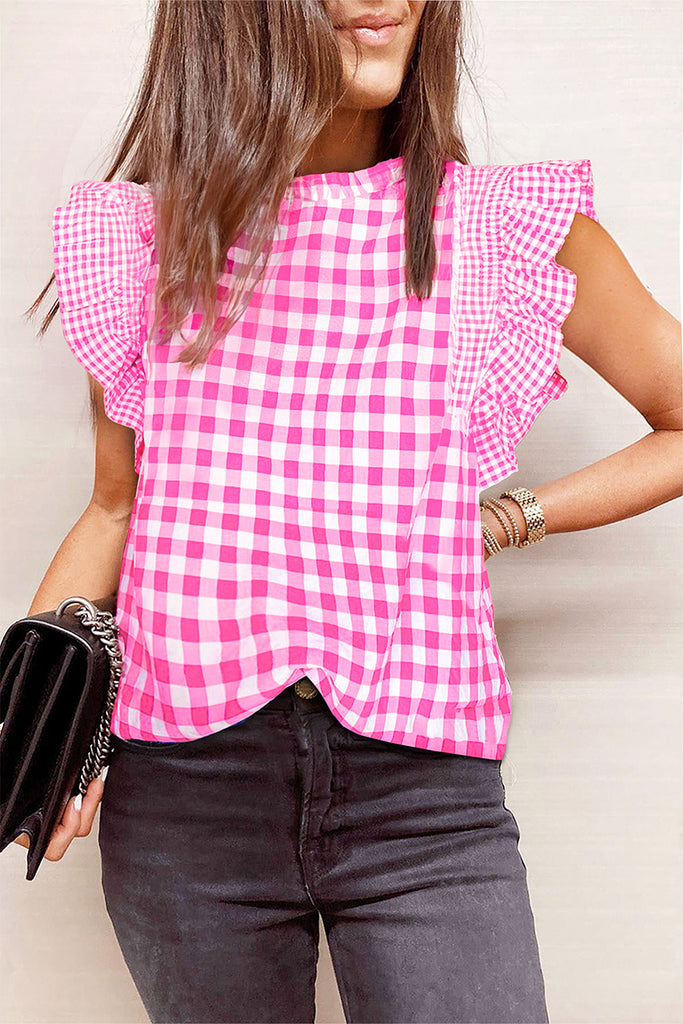 Ruffled Plaid Mock Neck Cap Sleeve Blouse-Timber Brooke Boutique, Online Women's Fashion Boutique in Amarillo, Texas