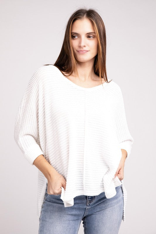 3/4 Sleeve V-Neck Hi-Low Hem Jacquard Sweater-Timber Brooke Boutique, Online Women's Fashion Boutique in Amarillo, Texas