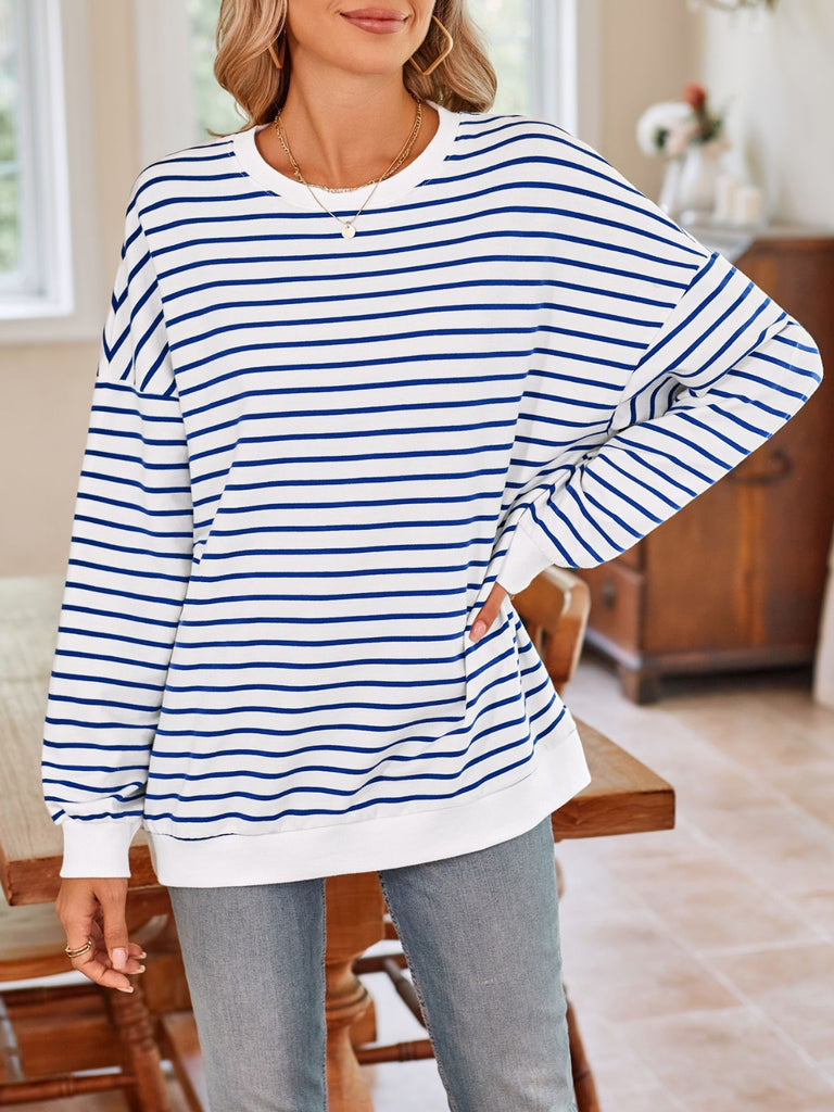 Striped Round Neck Long Sleeve Sweatshirt-Timber Brooke Boutique, Online Women's Fashion Boutique in Amarillo, Texas