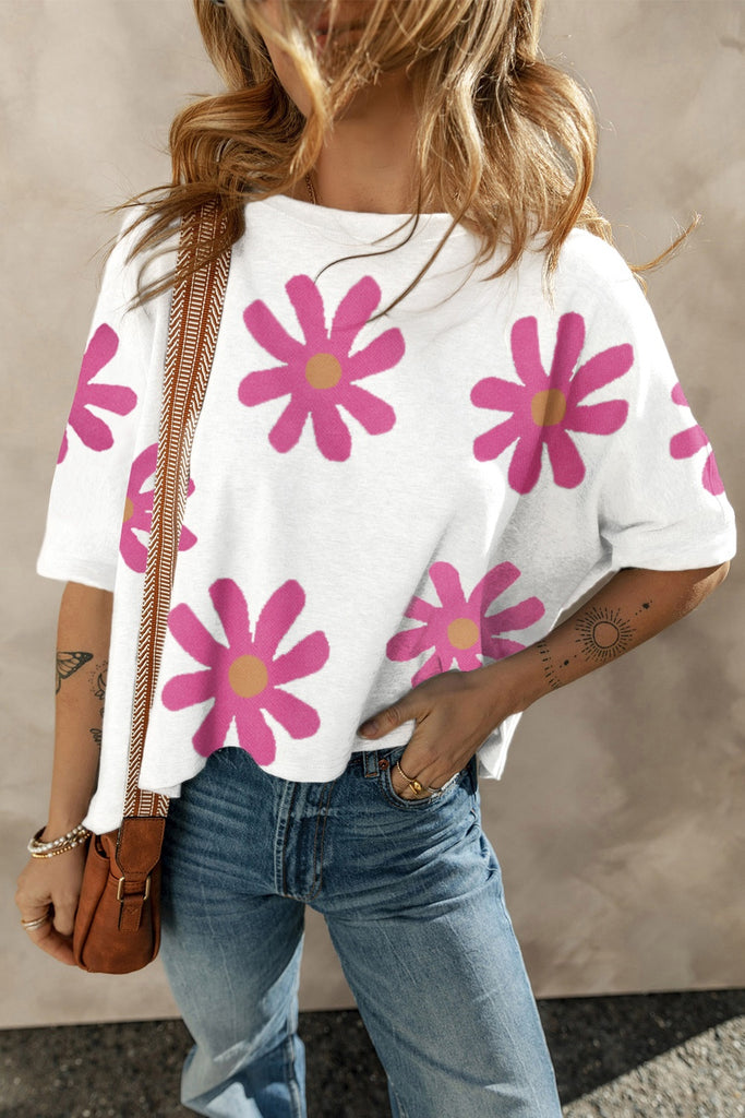 Flower Round Neck Half Sleeve T-Shirt-Timber Brooke Boutique, Online Women's Fashion Boutique in Amarillo, Texas