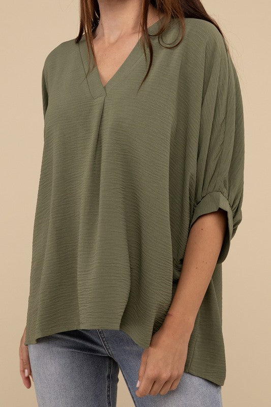 Woven Airflow V-Neck Puff Half Sleeve Top-Timber Brooke Boutique, Online Women's Fashion Boutique in Amarillo, Texas