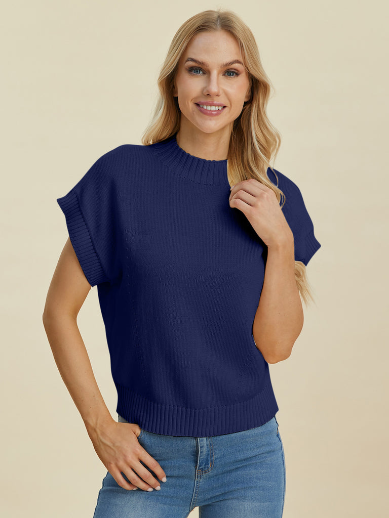 Double Take Full Size Mock Neck Short Sleeve Sweater-Timber Brooke Boutique, Online Women's Fashion Boutique in Amarillo, Texas