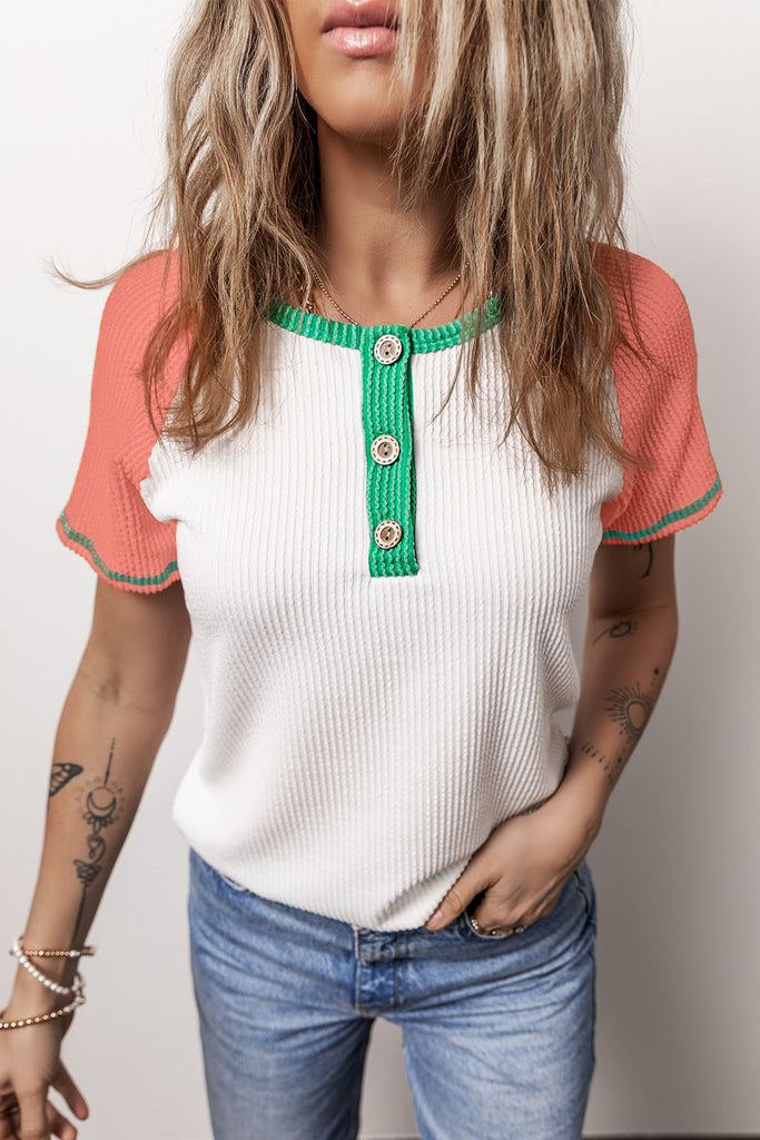 Color Block Round Neck Short Sleeve T-Shirt-Timber Brooke Boutique, Online Women's Fashion Boutique in Amarillo, Texas