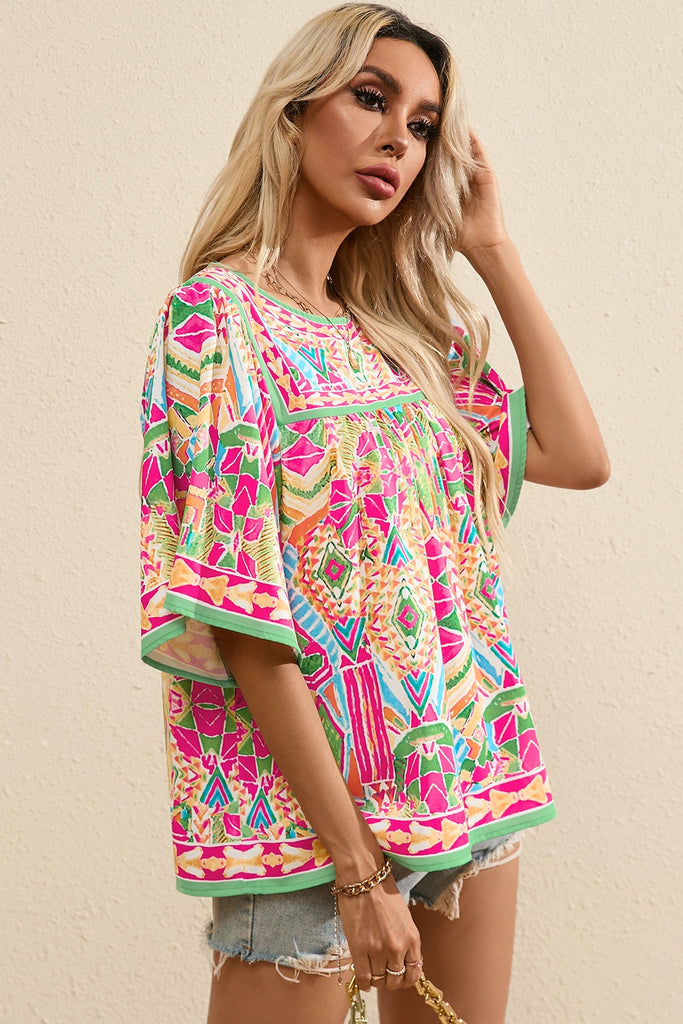 Printed Round Neck Half Sleeve Blouse-Timber Brooke Boutique, Online Women's Fashion Boutique in Amarillo, Texas