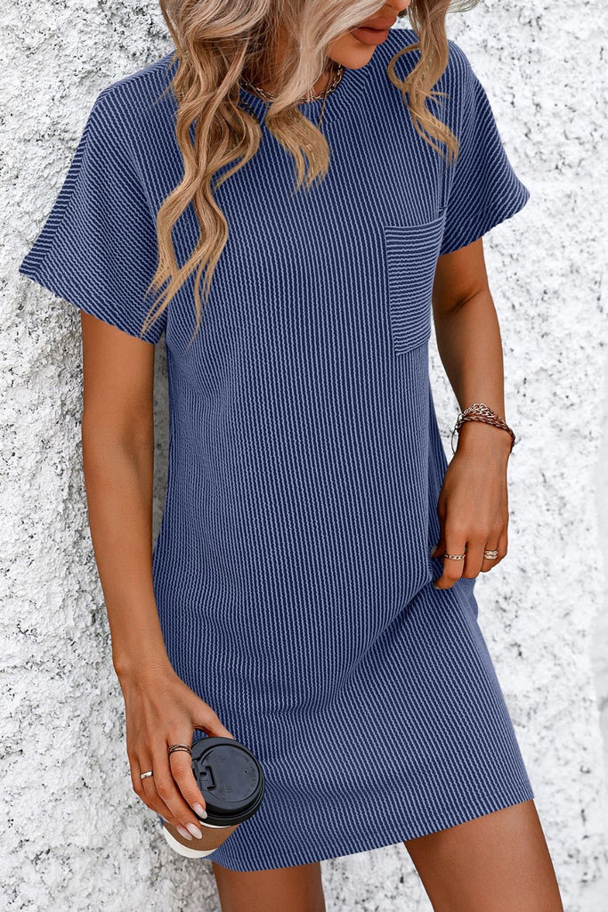 Ribbed Striped Short Sleeve Mini Tee Dress-Timber Brooke Boutique, Online Women's Fashion Boutique in Amarillo, Texas