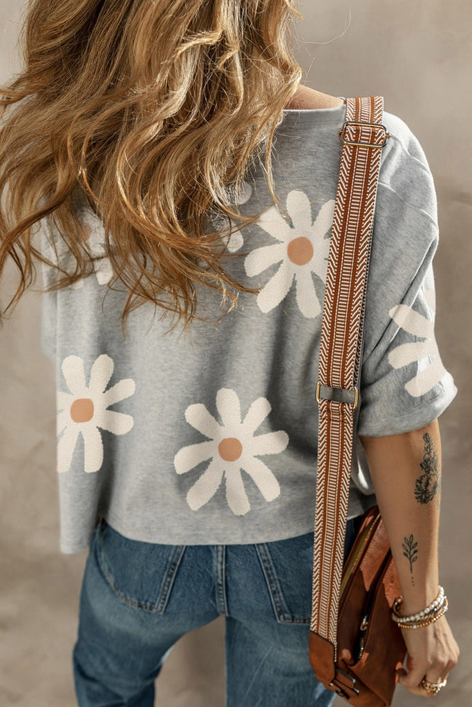 Flower Round Neck Half Sleeve T-Shirt-Timber Brooke Boutique, Online Women's Fashion Boutique in Amarillo, Texas