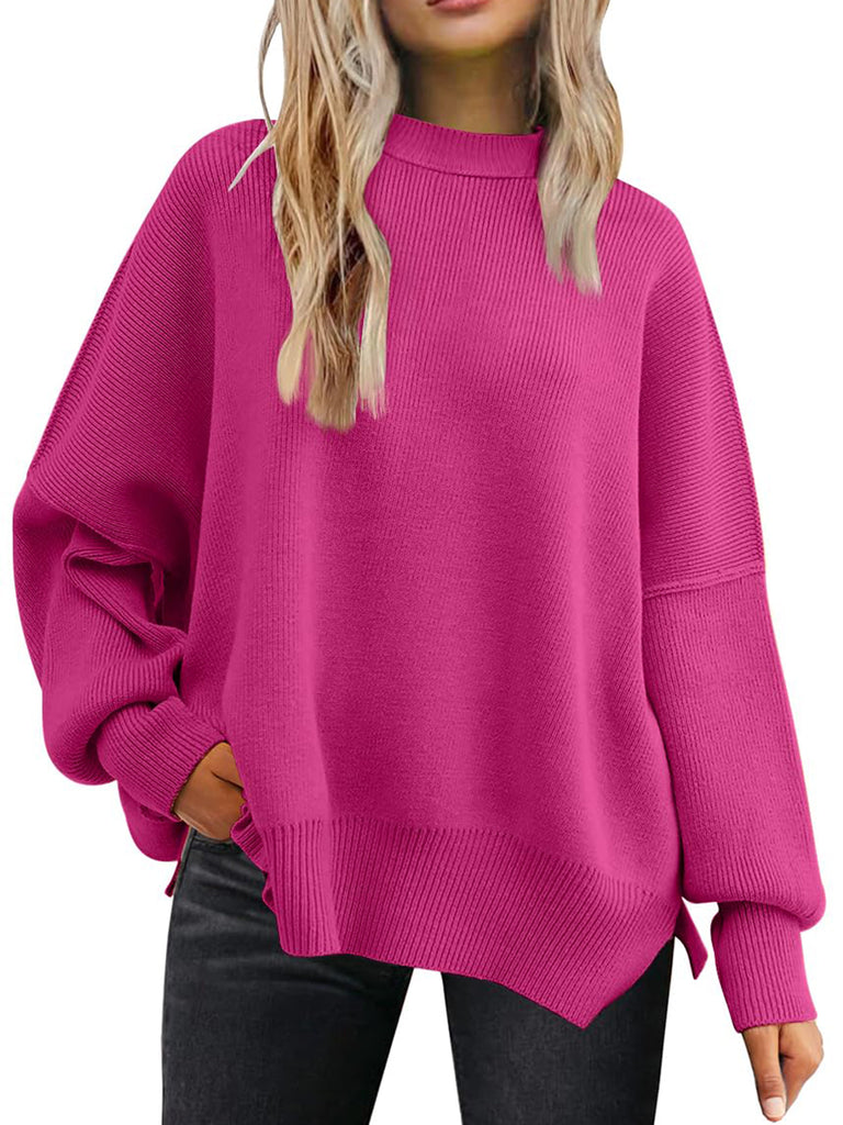 Slit Round Neck Dropped Shoulder Sweater-Timber Brooke Boutique, Online Women's Fashion Boutique in Amarillo, Texas