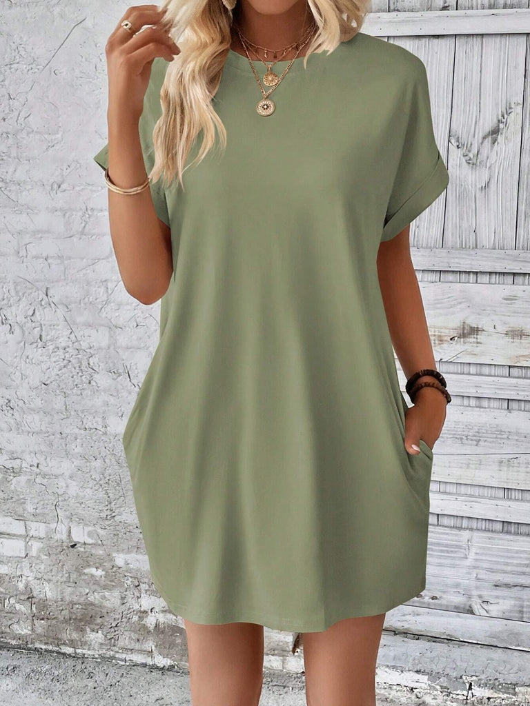 Round Neck Short Sleeve Mini Dress-Timber Brooke Boutique, Online Women's Fashion Boutique in Amarillo, Texas