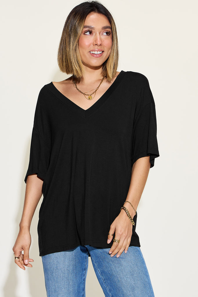 Basic Bae Full Size Bamboo V-Neck Drop Shoulder T-Shirt-Timber Brooke Boutique, Online Women's Fashion Boutique in Amarillo, Texas