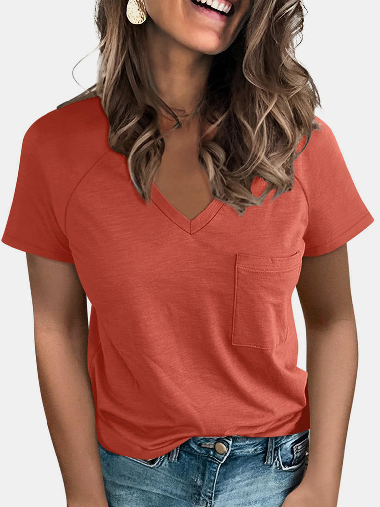 Pocketed V-Neck Short Sleeve T-Shirt-Timber Brooke Boutique, Online Women's Fashion Boutique in Amarillo, Texas