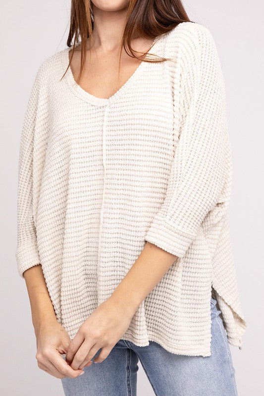 3/4 Sleeve V-Neck Hi-Low Hem Jacquard Sweater-Timber Brooke Boutique, Online Women's Fashion Boutique in Amarillo, Texas