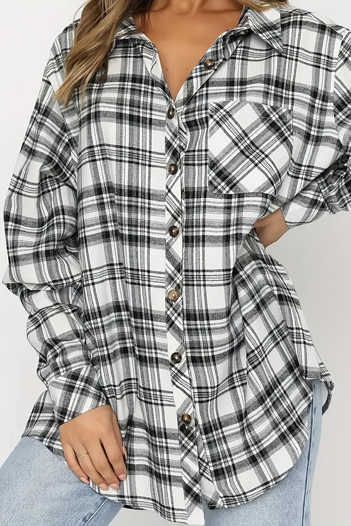 Plaid Collared Neck Long Sleeve Shirt-Timber Brooke Boutique, Online Women's Fashion Boutique in Amarillo, Texas