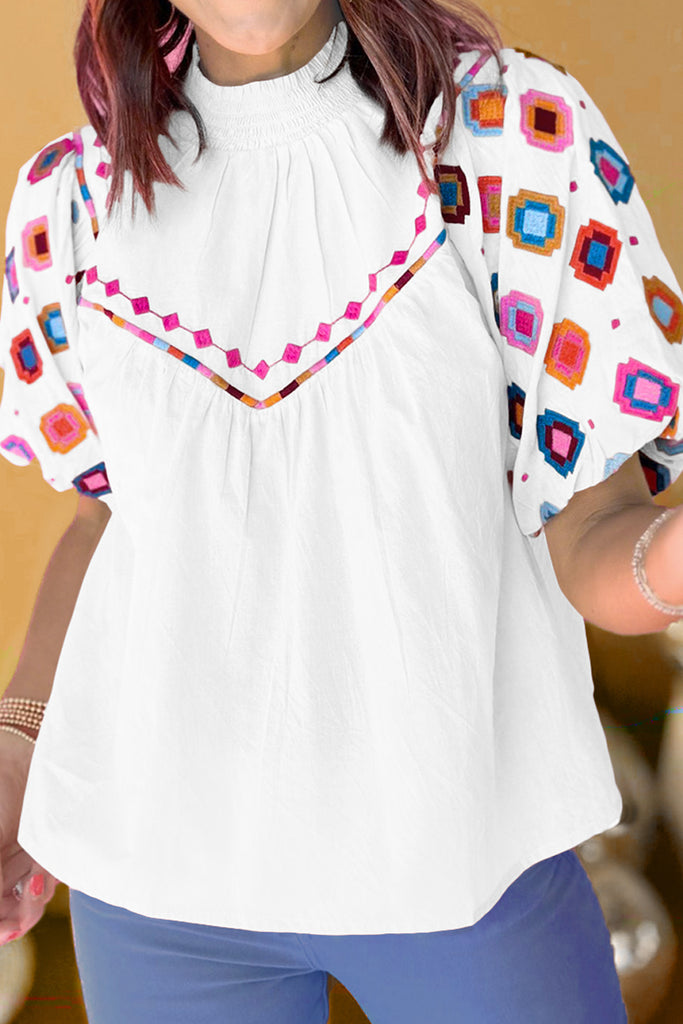 Printed Mock Neck Puff Sleeve Blouse-Timber Brooke Boutique, Online Women's Fashion Boutique in Amarillo, Texas