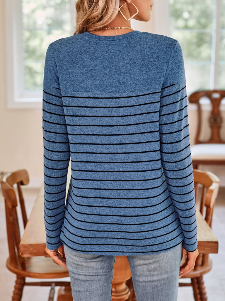 Quarter Button Striped Round Neck Long Sleeve T-Shirt-Timber Brooke Boutique, Online Women's Fashion Boutique in Amarillo, Texas