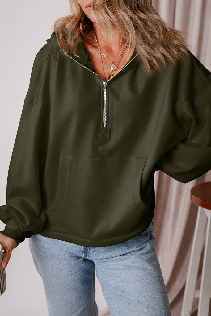 Pocketed Half Zip Dropped Shoulder Hoodie-Timber Brooke Boutique, Online Women's Fashion Boutique in Amarillo, Texas