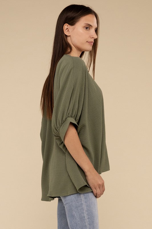 Woven Airflow V-Neck Puff Half Sleeve Top-Timber Brooke Boutique, Online Women's Fashion Boutique in Amarillo, Texas