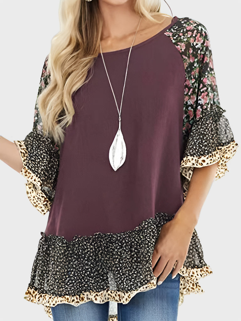 Full Size Frill Printed Round Neck Half Sleeve Blouse-Timber Brooke Boutique, Online Women's Fashion Boutique in Amarillo, Texas