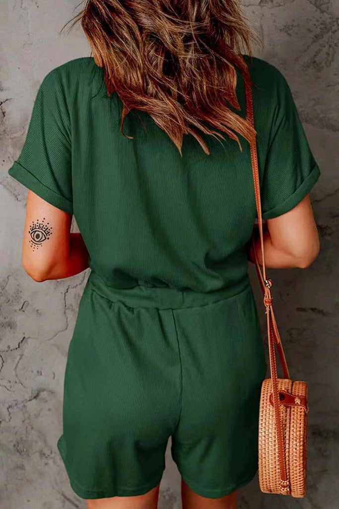 Full Size Drawstring V-Neck Short Sleeve Romper-Timber Brooke Boutique, Online Women's Fashion Boutique in Amarillo, Texas