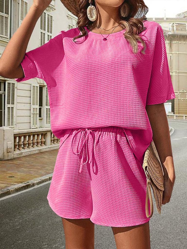 Waffle-Knit Half Sleeve Top and Shorts Set-Timber Brooke Boutique, Online Women's Fashion Boutique in Amarillo, Texas