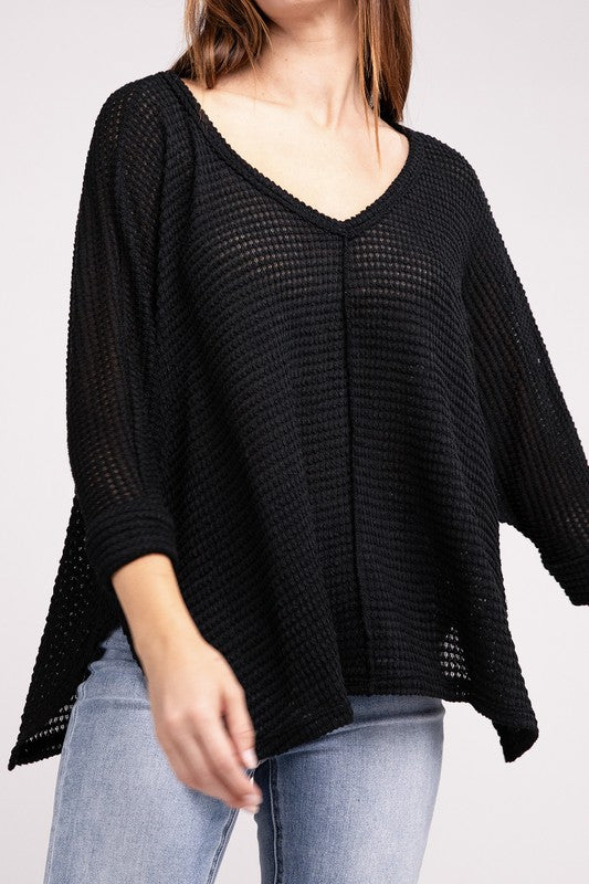 3/4 Sleeve V-Neck Hi-Low Hem Jacquard Sweater-Timber Brooke Boutique, Online Women's Fashion Boutique in Amarillo, Texas