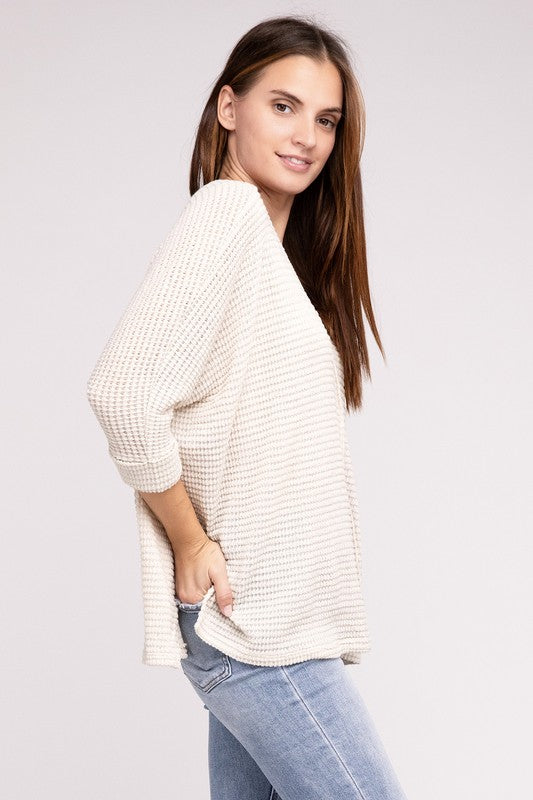 3/4 Sleeve V-Neck Hi-Low Hem Jacquard Sweater-Timber Brooke Boutique, Online Women's Fashion Boutique in Amarillo, Texas