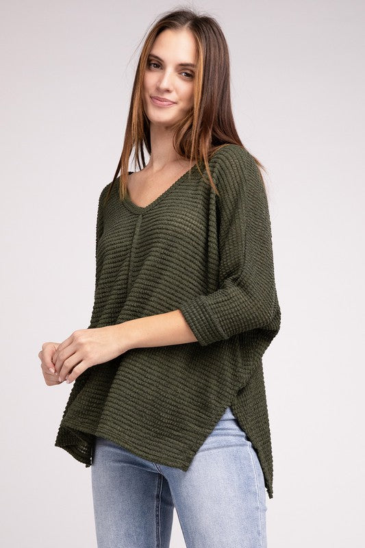 3/4 Sleeve V-Neck Hi-Low Hem Jacquard Sweater-Timber Brooke Boutique, Online Women's Fashion Boutique in Amarillo, Texas