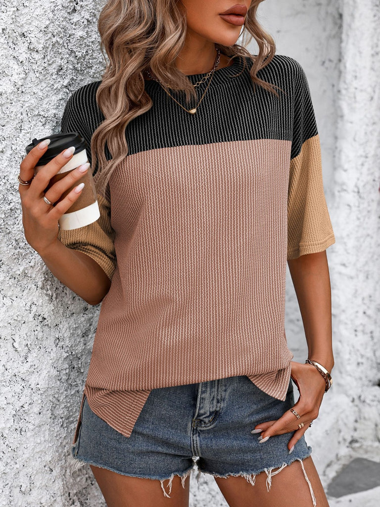 Color Block Round Neck Half Sleeve T-Shirt-Timber Brooke Boutique, Online Women's Fashion Boutique in Amarillo, Texas