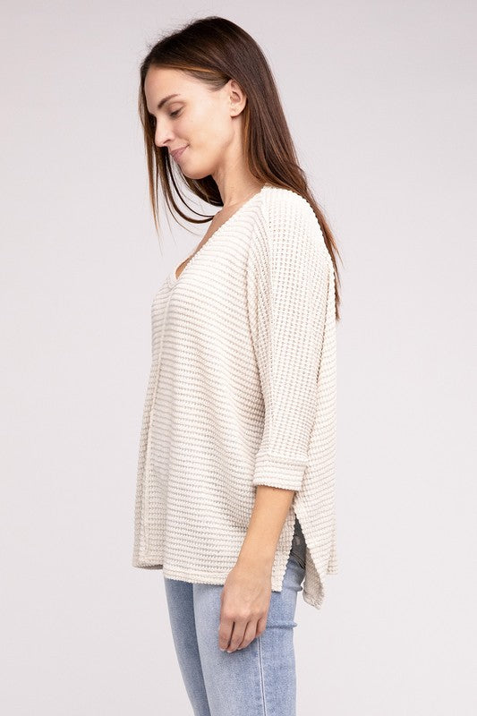 3/4 Sleeve V-Neck Hi-Low Hem Jacquard Sweater-Timber Brooke Boutique, Online Women's Fashion Boutique in Amarillo, Texas