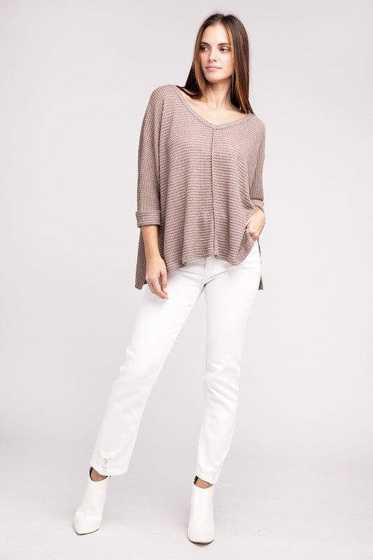 3/4 Sleeve V-Neck Hi-Low Hem Jacquard Sweater-Timber Brooke Boutique, Online Women's Fashion Boutique in Amarillo, Texas